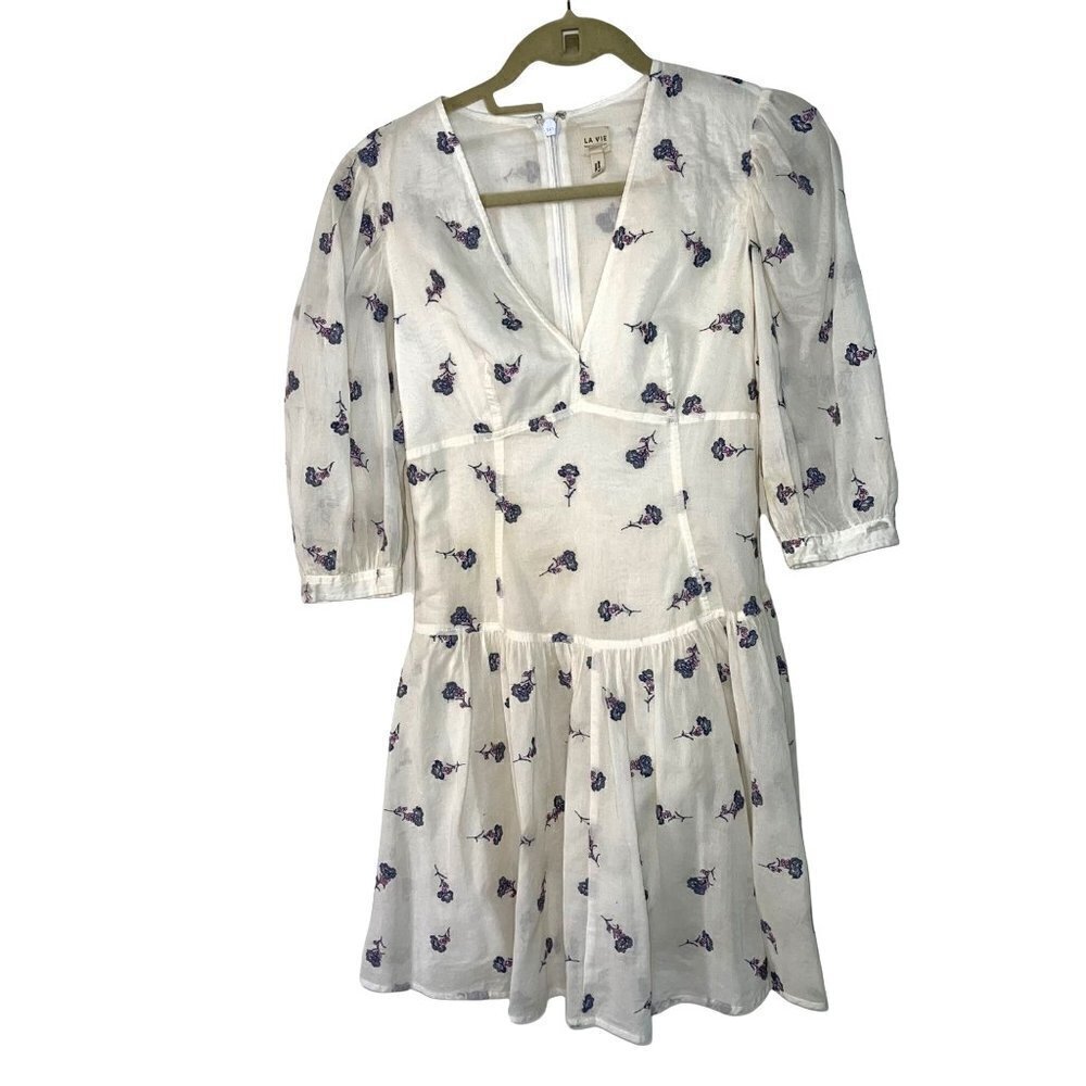 Rebecca Taylor La Vie Rubie Mini Dress Womens XS Embroidered Floral Puff Sleeve